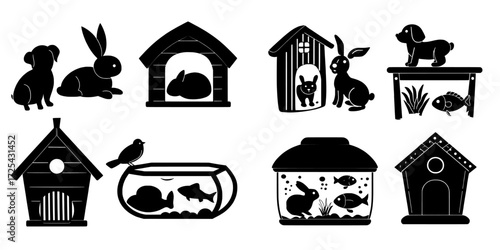 Depictions of pets, domestic animals, and their respective dwellings are shown, including a puppy in a booth, a rabbit in a burrow, a goldfish in an aquarium, and a canary in a birdhouse