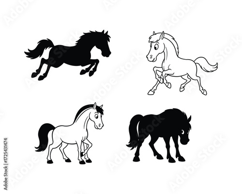 Collection of four stylized horse illustrations in black and white showcasing different poses and silhouettes for creative design elements