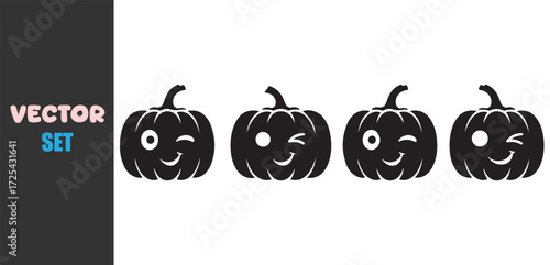 Four black silhouette pumpkins with cute winking faces on white background