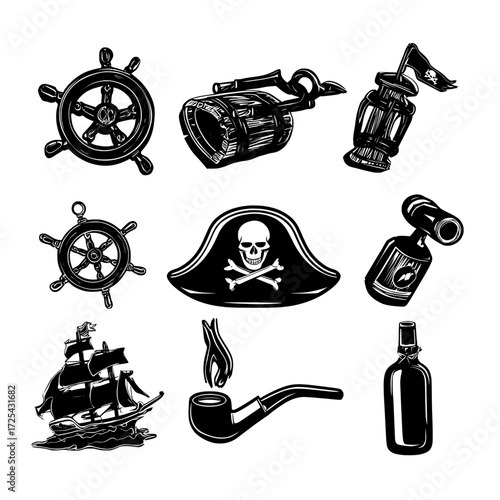 A modern cartoon set featuring pirate icons, including a map, ship, captain's hat, and a flag with a skull, along with a compass, is isolated on a white background