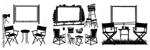 An outdoor movie theater setup featuring a large screen, seating, and tables, either in a backyard or public park, complete with modern cartoon equipment, situated on a summer lawn with a white