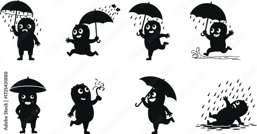 Fototapeta premium Cartoon Characters with Umbrellas in Rain, Funny Expressions, Rainy Weather Scene, Happy and Sad Moods, Cute Vector Illustration
