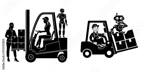 The scene shows a forklift with a driver, worker, and robot carrying cardboard boxes, set against a white background in a modern cartoon illustration of a lift truck with goods and an autonomous