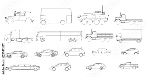 A set of various car and truck contours sketched in detail on a white background, featuring unique shapes, headlights, grilles, and wheels. Side view