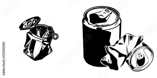 A crumpled tin can and crushed metal bottles lie with an open key nearby, accompanied by crumpled trash and used empty beverage containers, as well as a realistic 3D modern silver-colored aluminum