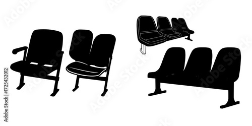 Realistic 3D modern mockup set of stadium seats, including red plastic chairs from front and angle views, isolated on a white background as equipment for visitors of outdoor competitions or