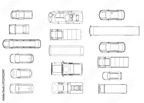 Blueprint car design in top view perspective, featuring detailed vehicle contours on white background. This technical drawing set displays precise automotive engineering specifications.