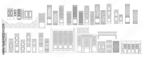 Chinese architectural drawing featuring detailed contours of doors and windows in a complete set.