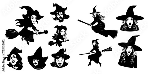 The illustration showcases a sexy girl dressed in a magician costume, embodying a Halloween character with a range of emotions from a smile to a surprised emoji