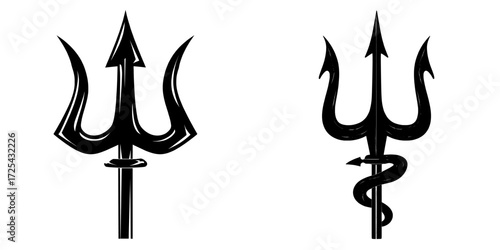 The image features an isolated gold and silver trident, similar to a demon's pitchfork, on a plain white background, evoking the mythological armory of Poseidon, Triton, or Neptune
