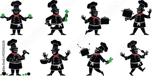 Cartoon chef illustration, cooking poses, culinary art, kitchen activity, professional chef character, restaurant design, food preparation, gastronomy concept, vector artwork