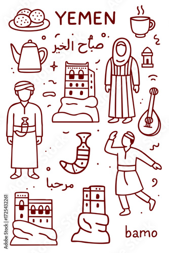 Yemen Culture Illustration Set – Traditional People, Music, Dance, Food, and Symbols