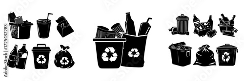 A cartoon set featuring isolated garbage, trash, and litter bins, including old plastic cups, glass bottles, a creased carton box, and a sack full of waste, along with a container bearing a recycling