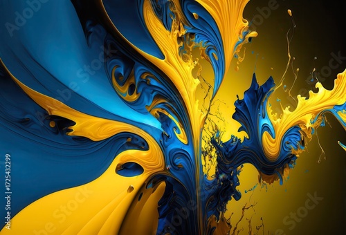 A vibrant blue and yellow abstract artwork with dynamic splashes and swirls