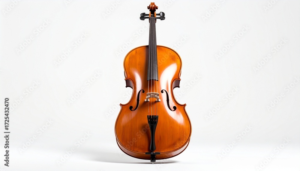 Fototapeta premium Upright cello with polished wooden body and elegant curves—four strings, scroll, f-holes, and fingerboard highlighted against white background