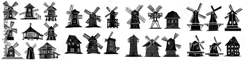 Traditional Dutch farm buildings, including old windmills and vintage stone and wooden windmills, were used for grinding wheat grains into flour, now featured in a modern cartoon set of countryside