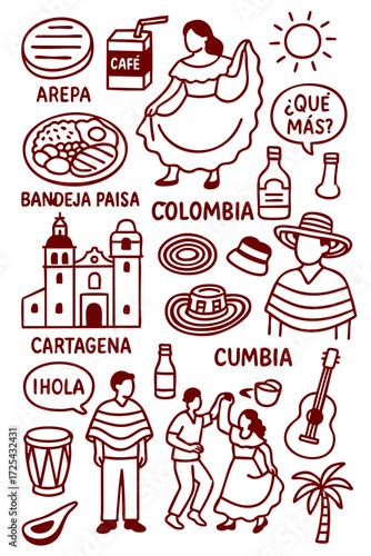 Colombian Culture Illustration Set – Traditional People, Music, Dance, Food, and Symbols