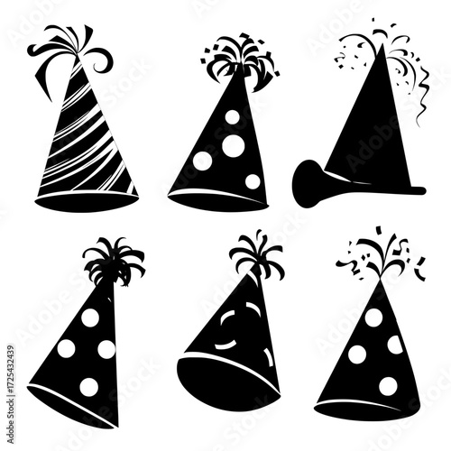 Modern 3D illustrations of cone-shaped party hats with ribbons, whistles, and confetti, isolated on a white background for birthday celebrations