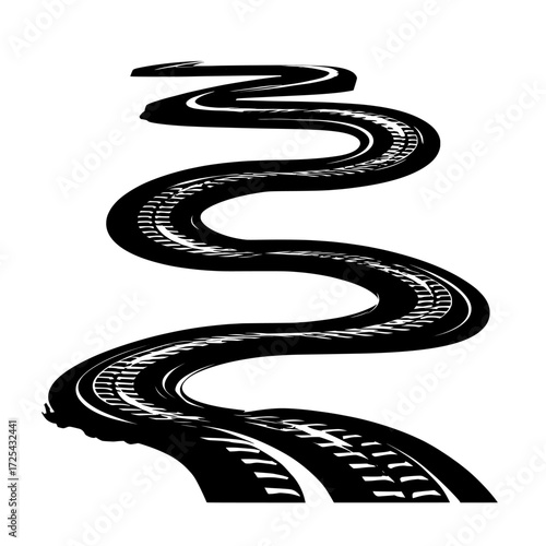 Tracks from a black car tire, including the rubber wheel print, are visible on roads or dirt surfaces, with grunge winding traces from vehicle tires isolated on a white background, forming a modern