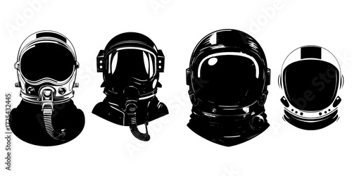 A realistic 3D modern set featuring an isolated mockup of astronaut helmets and cosmonaut space suits from the front view on a black background, complete with pilot costume headwear that includes