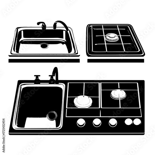 The 3D mockup presents a top-down view of a stainless steel sink paired with a gas stove, accompanied by a metal washbasin and an oven burner with its hobs turned off, all isolated against a clean