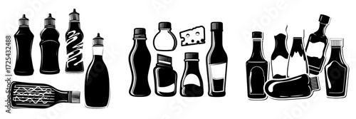 A top view display of assorted sauces in bottles and tubes, featuring mayonnaise, ketchup, mustard, and soy sauce, accompanied by cheese, hot chili, or BBQ items in tubes, presented as isolated