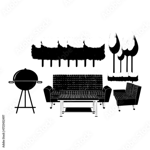 Furniture designed for outdoor spaces like backyards or patios, complete with a barbecue grill for cooking, and a festive barbeque party atmosphere, alongside a cartoon illustration of a serene