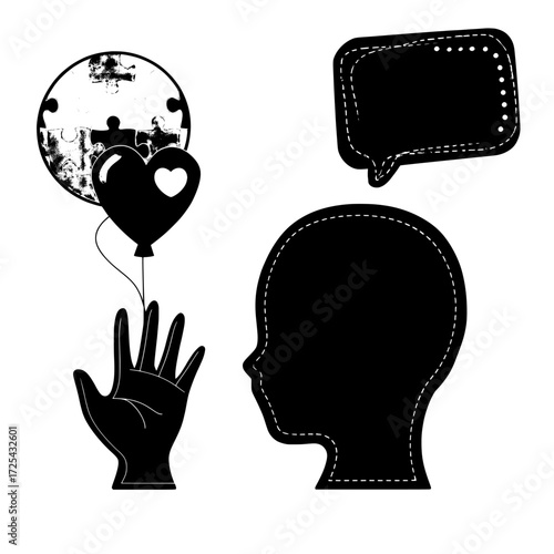 The symbols of autism world day awareness include a child's head, open palm with a hole, heart figure, and balloon, alongside colorful puzzle pieces, all presented as modern cartoon icons and symbols