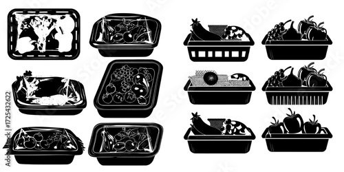 A cartoon set showcasing modern packaged food in supermarkets and stores includes plastic trays holding fresh fruits and vegetables, all wrapped in transparent film and placed in styrofoam containers