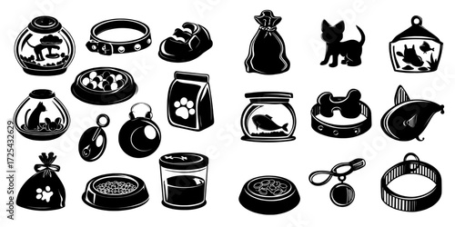 A collection of pet shop items, including toys, a bowl, and food packaged in bags and cans, is available for domestic animals