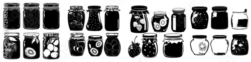 A modern cartoon set featuring glass jars of jam made from various fruits, including strawberry, peach, cherry, sea buckthorn, kiwi, and apricot, all isolated on a white background