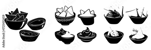 Nacho chips and various sauces, including salsa, ketchup, mayonnaise, guacamole, and soy sauce, are presented in bowls as part of a mexican food setup with dressings, all on a white background with