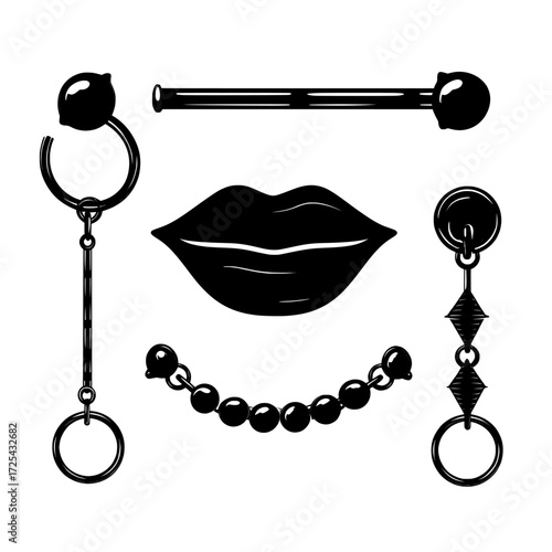 Beauty accessories, such as a set of piercing jewelry including metal pierce rings and barbells with balls and cones, are used for face and body decoration, shown as realistic 3D modern icons of