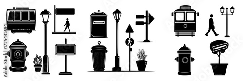 Cartoon modern icons including a set of city items such as tram, water hydrant, litter bin, mail box, street lamp with signboard, pedestrian on crosswalk road sign, and green plant in flowerpot