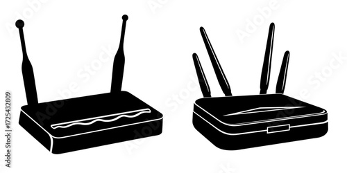The modern realistic mockup features a Wifi router and wireless broadband modem with antennas in front and perspective view, isolated on white background, for Ethernet router network connection and
