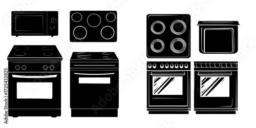 Realistic depiction of a kitchen cooker with induction cooking, oven, and electric stove, displaying front and top views, and including a transparent glass oven door and black ceramic stovetop