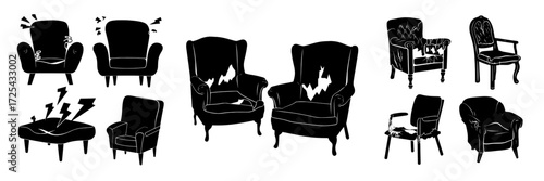 A set of broken and old armchairs and chairs, isolated furniture with torn upholstery, exposed springs, and fractured legs, depicted as junk on a white background in a modern cartoon illustration
