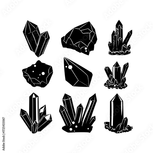 Glowing rocks, whether rough or faceted, and crystalline minerals like red magic crystals and gemstones are featured, along with heart and stalagmite formations, in isolated settings, as part of a