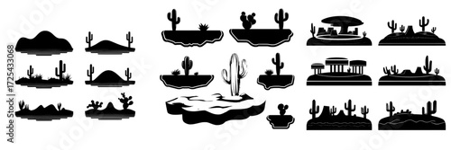 Game level interface featuring platforms with desert landscape and cactuses, along with a modern cartoon set of gui elements for arcade or computer animation backgrounds isolated on white