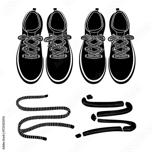 White shoelaces are shown lacing through various sneakers, boots, and shoes in different ways, creating a modern and realistic set of wavy and straight footwear cords on a gray background