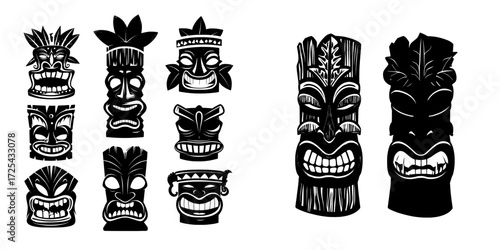 Cartoon modern illustration, icons set featuring tiki masks, tribal wooden totems, and hawaiian or polynesian style attributes with scary faces and toothy mouths, all decorated with leaves on a white
