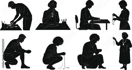 Jewelry making silhouettes, crafting posture, artisan at work, bead stringing, handmade design, creative hobby, human gesture, lifestyle, art illustration