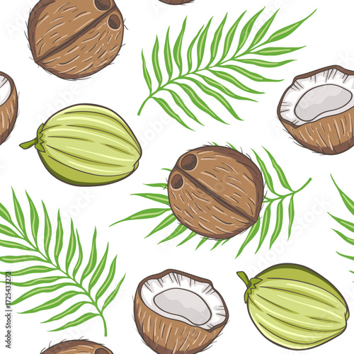 A seamless pattern of coconuts and palm fronds
