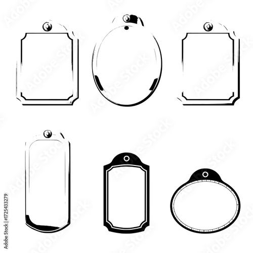 A realistic set of metal identification tags or badges in various shapes, including round, oval, and rectangular frames, along with gold or brass plates and golden name plaques on a transparent
