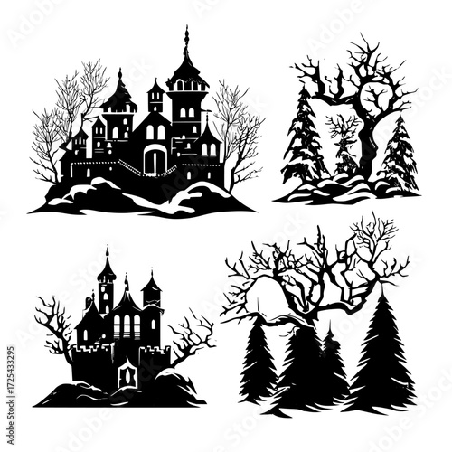 A modern cartoon set featuring a magic castle and winter landscape elements set against a blue background, including a fantasy royal palace with towers, bare trees, pines with snow, and snowdrifts