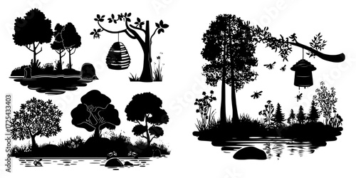 The scene is a modern cartoon representation of a forest landscape, complete with trees, a pond, stones, and a beehive hanging from a branch, alongside a lake, green bushes, grass, flowers, bees, and