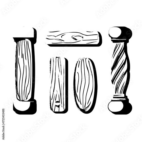 Wooden door handles, columns, and twisted bar-shaped knobs are isolated on a transparent background, featuring yellow wood doorknobs for design