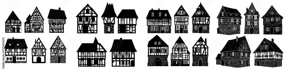 Obraz premium In a traditional German village, old half-timbered houses showcase medieval European architecture, now reimagined as a modern cartoon set of fachwerk cottages with stone and timber facades isolated