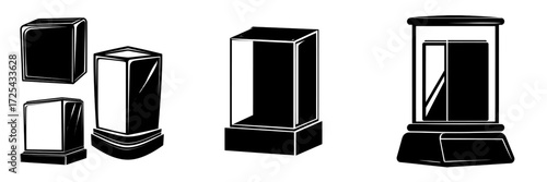 The illustration features a glass showcase, also functioning as a display, exhibit stand, or transparent box, with views from the front and angle, positioned on a base made of either wood or plastic
