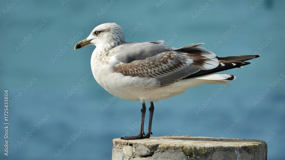 Fototapeta premium Elegant seagull perched on weathered stone, observing the vast ocean with keen eyes, a symbol of freedom and coastal serenity.